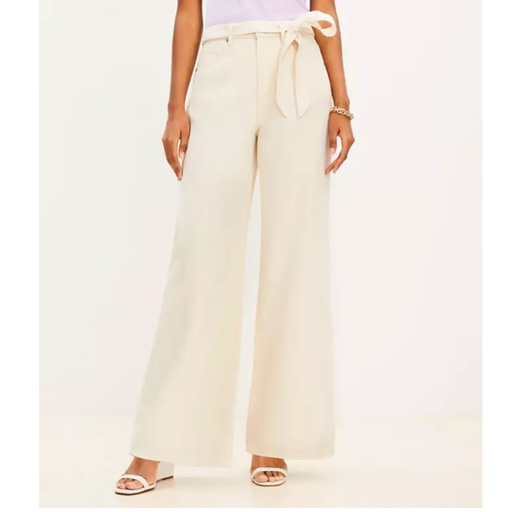 LOFT Cream Wide Leg Denim Pants with Tie Waist